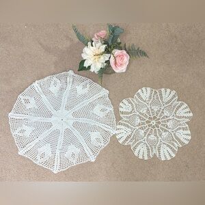 Handmade Crochet Doily Set of 2 – Vintage Lace Table Toppers, White Cotton Round